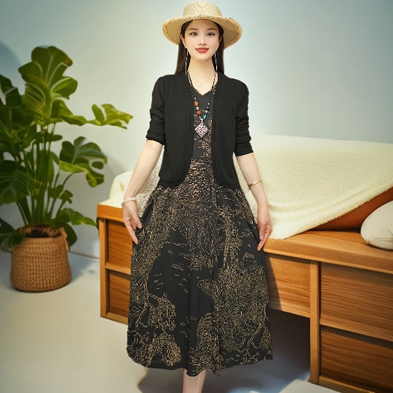 【新款】时尚套装新款两件套装显瘦时尚百搭夏季连衣裙+长袖外披