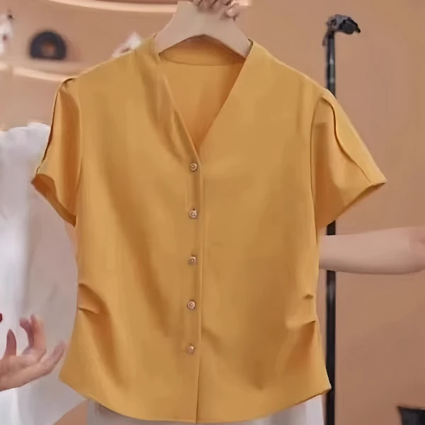 大码欧货爆款短袖T恤女夏季设计感时尚V领褶皱百搭显瘦宽松上衣潮