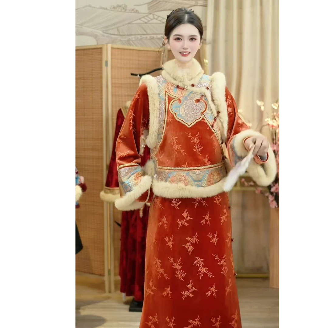 羽唐名2025冬季新款复古桔色加绒显瘦保暖女装套装（A027+A037）