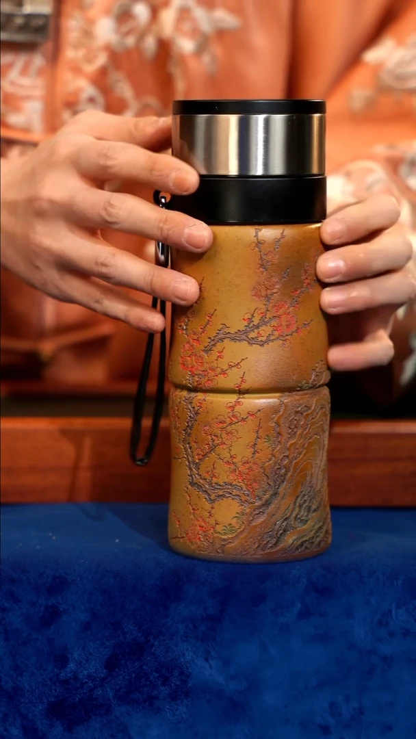 紫砂 宜兴紫砂 柴烧 竹节 梅保温杯
