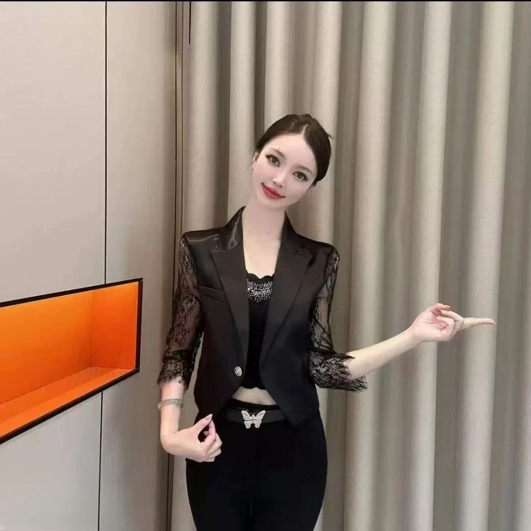 【晨浠定制】新款时尚高级感法式拼接蕾丝西装外套8662