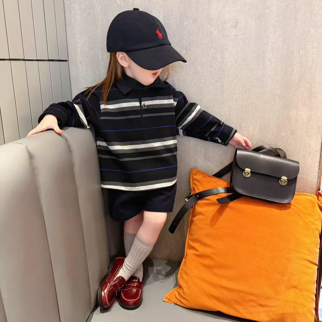 甜小七2025秋季新款女童休闲学院风POLO领条纹T恤五分短裤套装