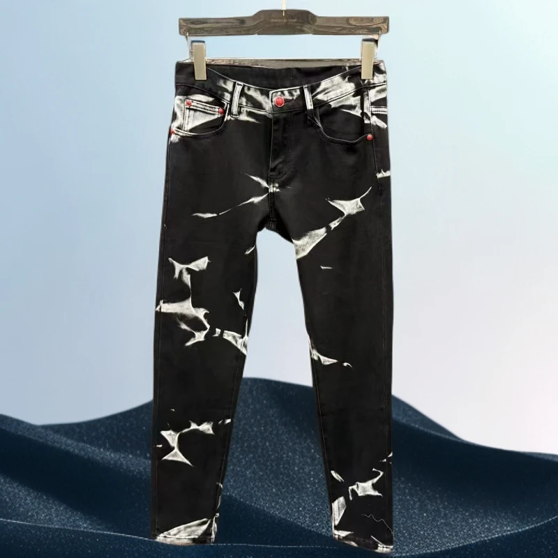 【轻奢】2025男士秋季新款设计师泼墨黑牛仔裤