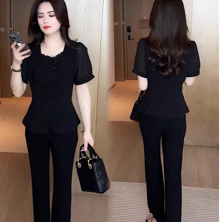 时尚套装女2025夏季新款洋气收腰显瘦新中式盘扣上衣阔腿裤两件套