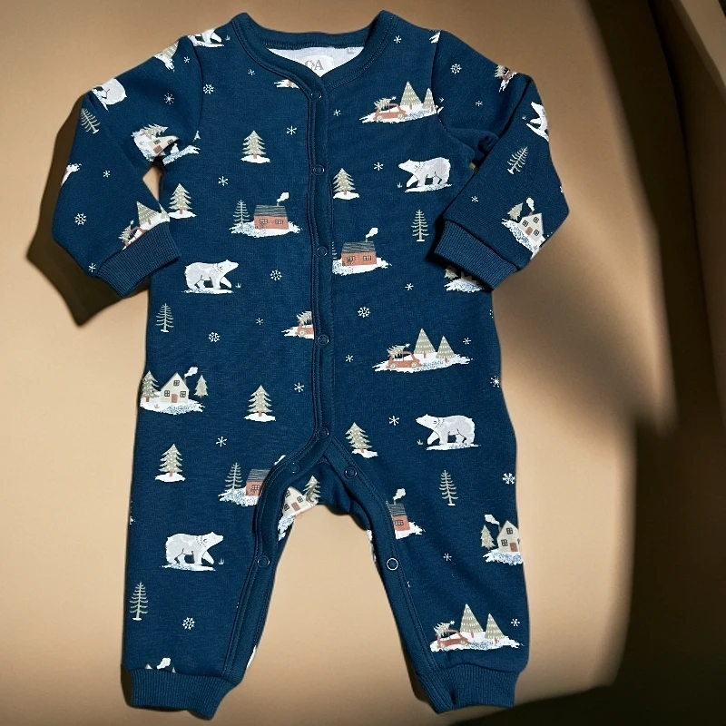 小章鱼荷兰C*A加绒墨绿色连体爬服男女宝婴童