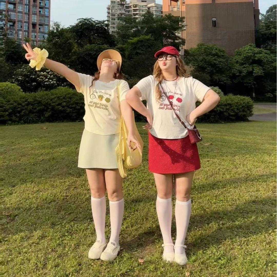 夏季大码女装圆领正肩小苹果植绒刺绣短袖上衣甜美t恤小众感6541