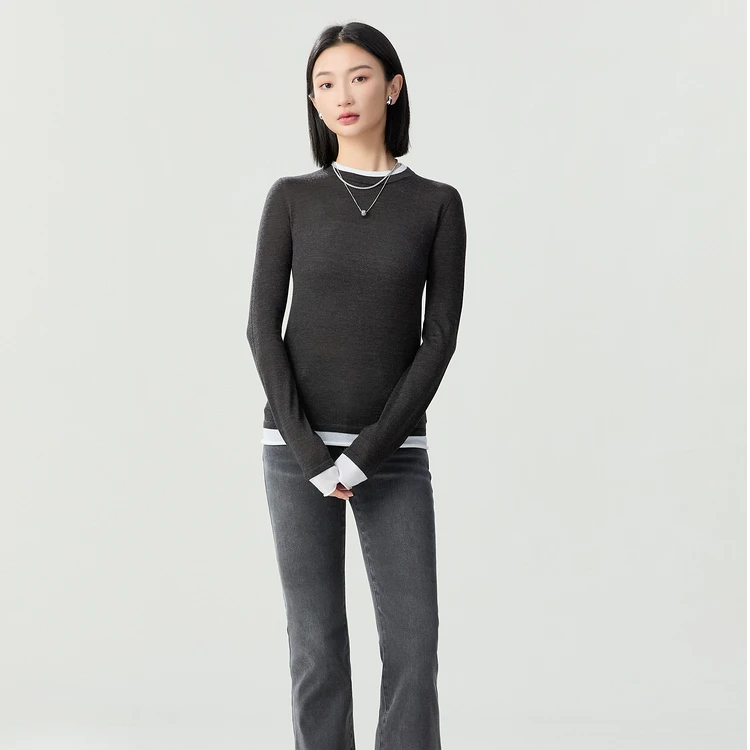 哥弟 假两件拼接长袖羊毛针织衫1399763