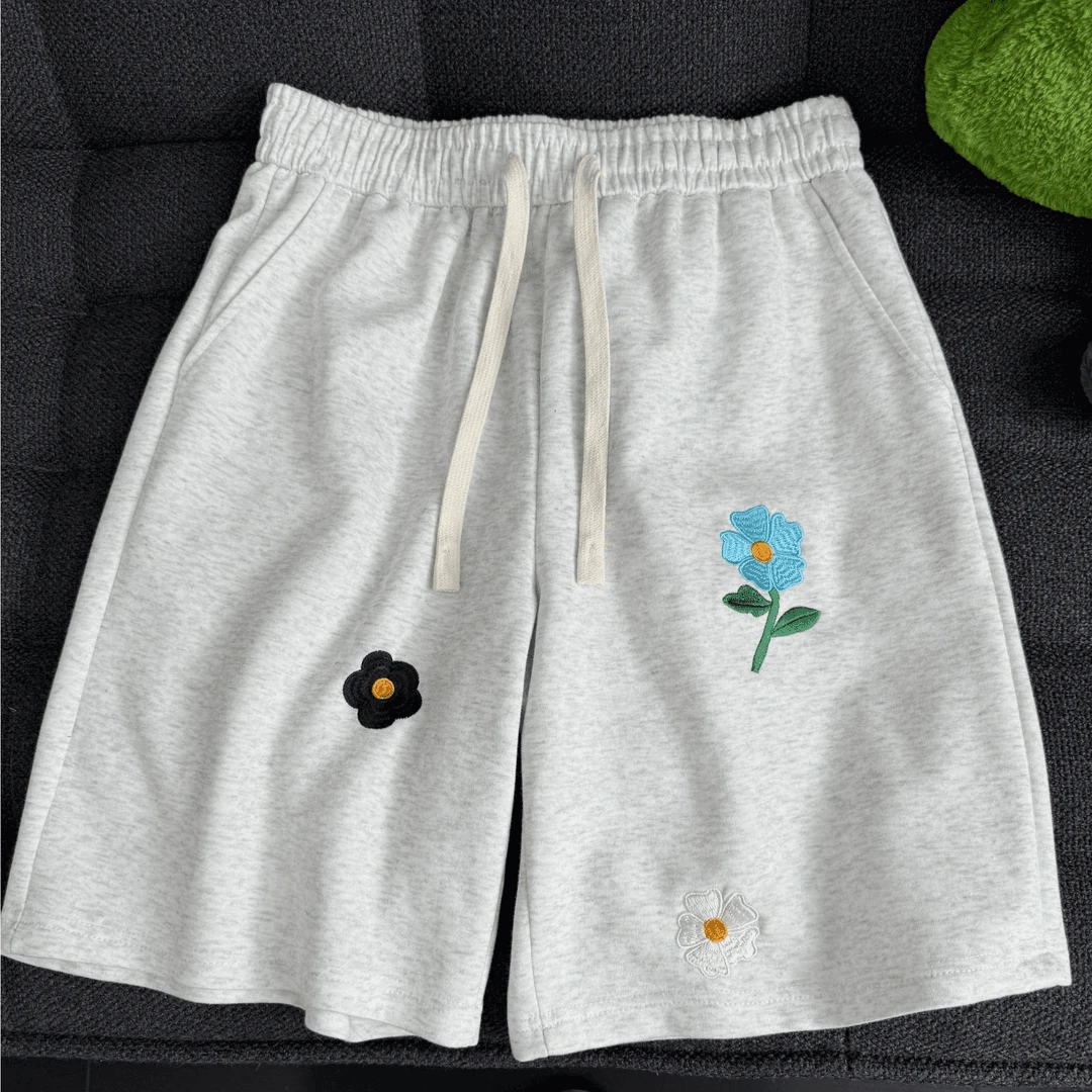 夏季休闲小花刺绣情侣短裤男百搭oversize宽松直筒运动五分沙滩裤