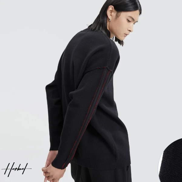 HERBEL/黑白早秋穿搭男士中领针织衫毛衣保暖长袖时尚纯色潮