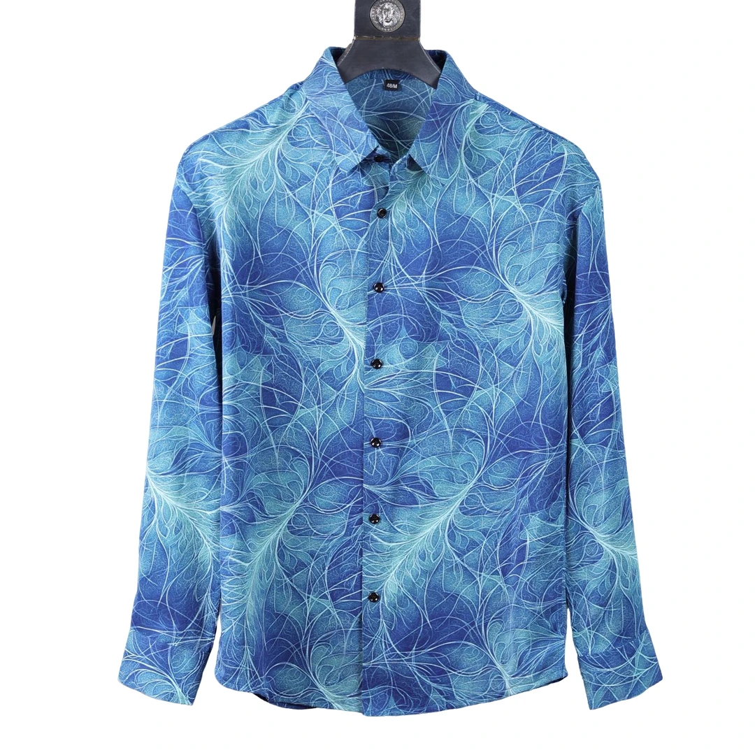 2025新款克莱因蓝佩斯利花纹高端男士花衬衫休闲时尚百搭长袖衬衣