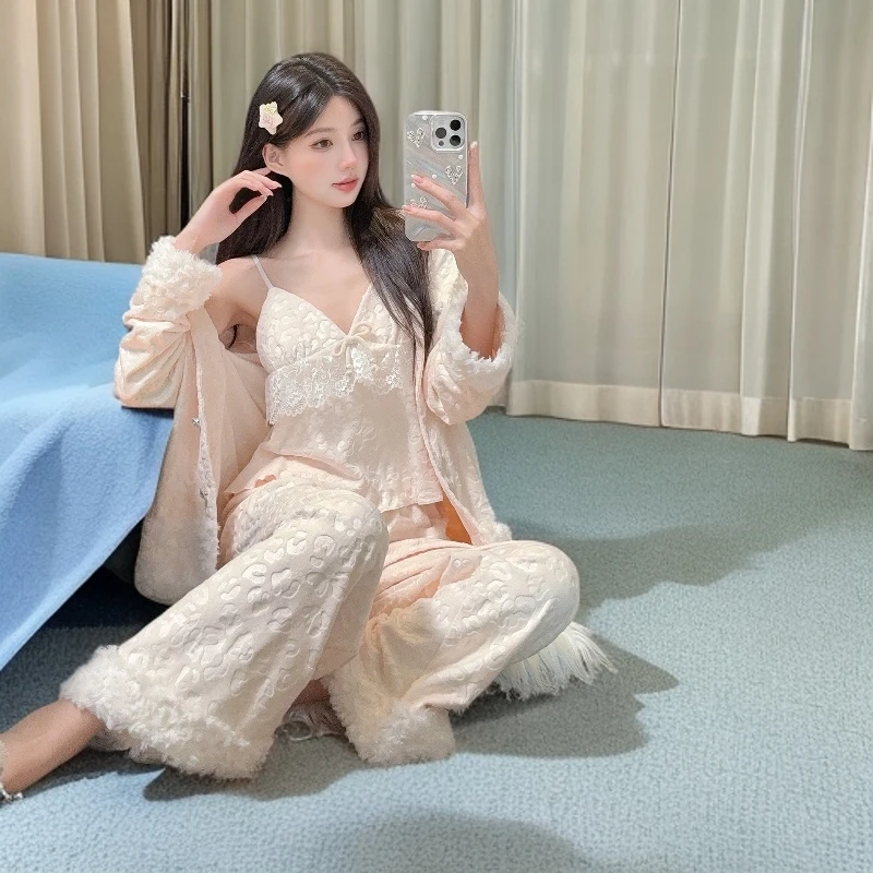 2025新款秋冬女士时尚睡衣三件套可外穿加厚保暖性感高级感家居服