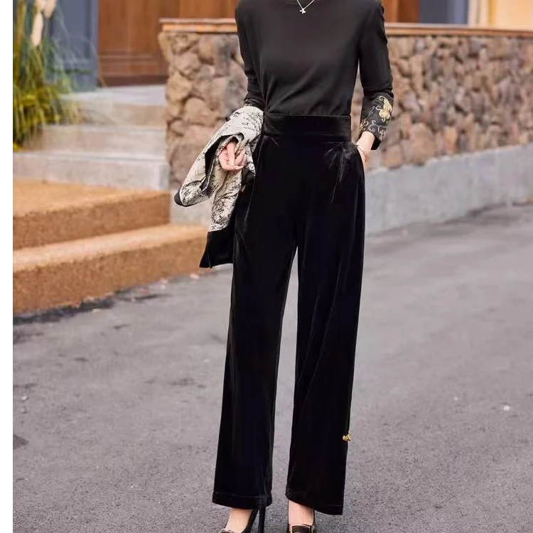 C019金丝绒新中式女中国风复古印花裤唐装女装裤子