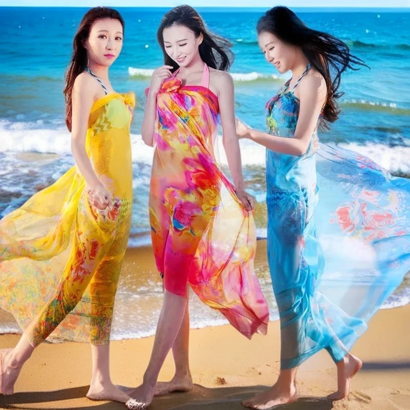 韩版超大披肩防晒沙滩巾女士春秋围巾夏季长款百变仿真丝印花丝巾