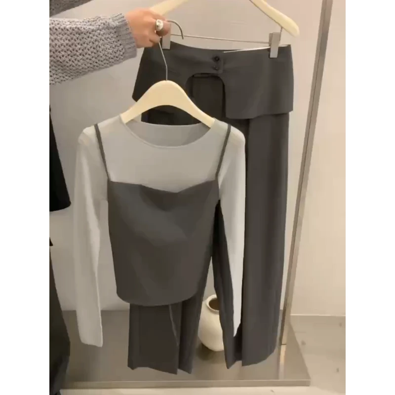 秋季搭配一整套时尚高级感慵懒风套装女灰色上衣皮帘阔腿裤两件套