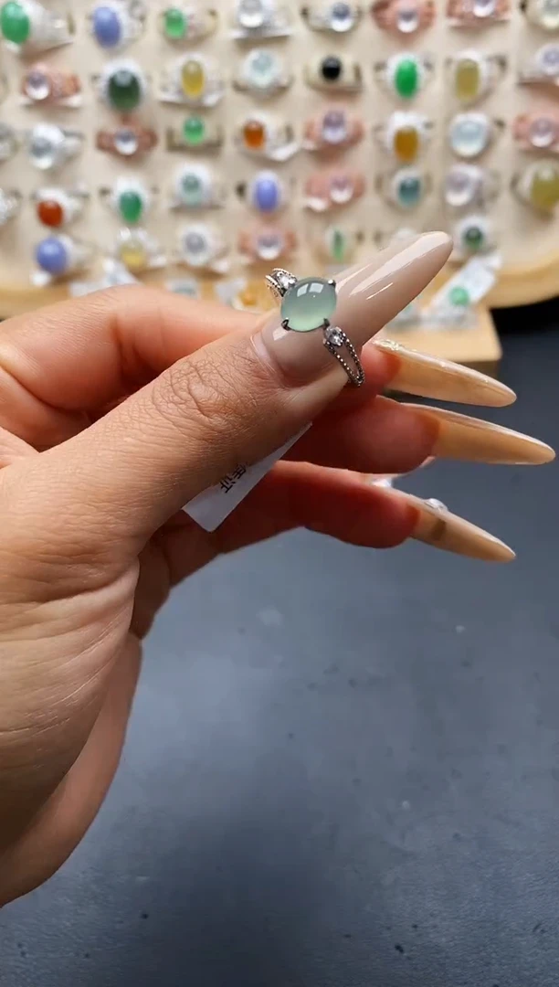 银S925镶嵌戒指翡翠缅甸天然A货翡翠2 8-4