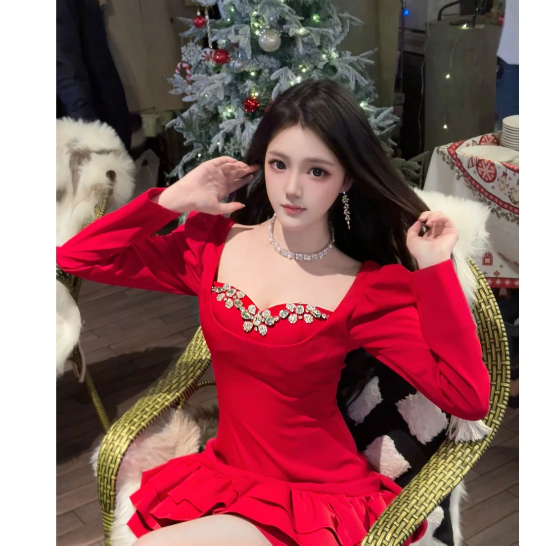 AZZHEN【公主加冕】轻奢镶钻氛围感方领缎面收腰蓬蓬裙 AZ4JSL10-00