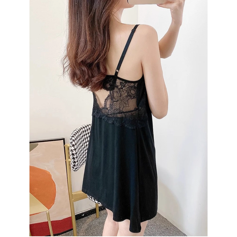 霍文萨列性感睡裙女蕾丝美背V领吊带裙纯色大码家居服私房睡衣