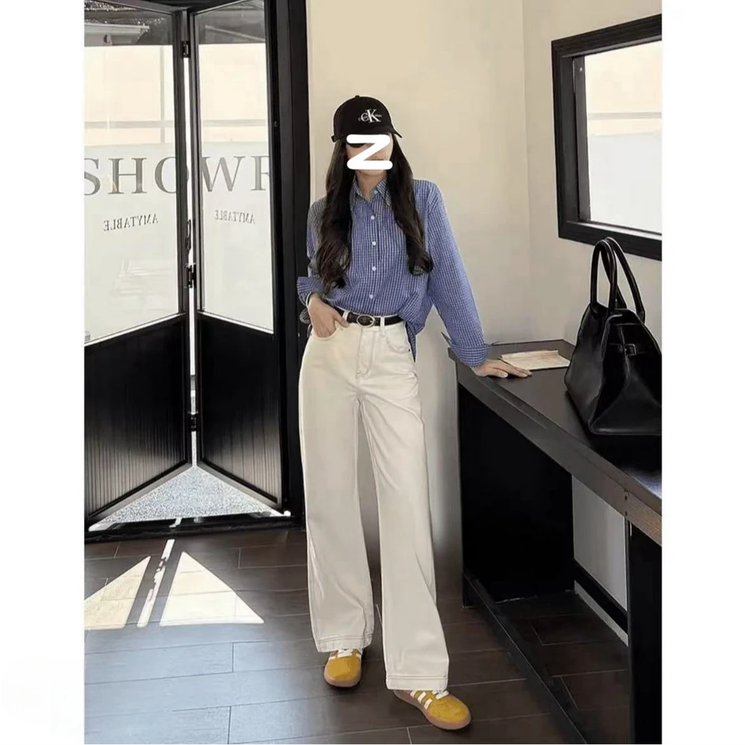 【运费险+腰带】1-2杏白色三本针牛仔高腰春季宽松休闲窄版阔腿裤