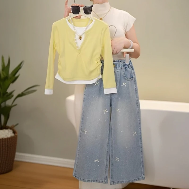 女童假两件打底衫牛仔裤套装2025春秋款长袖T恤蝴蝶结烫钻阔腿裤8