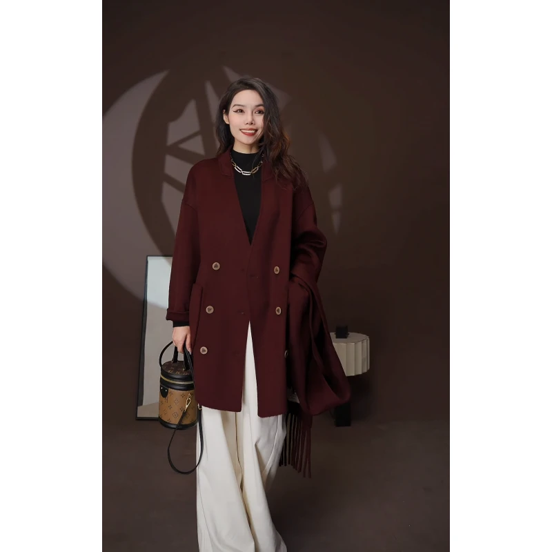 【8038】驼绒＋桑蚕丝＋澳洲超细羊毛围巾时尚双面呢大衣中长款