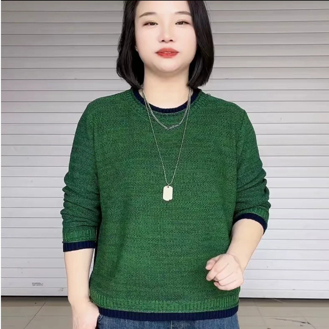 2025新款撞色百搭宽松秋冬彩线针织衫圆领长袖柔软毛衣洋气减龄女