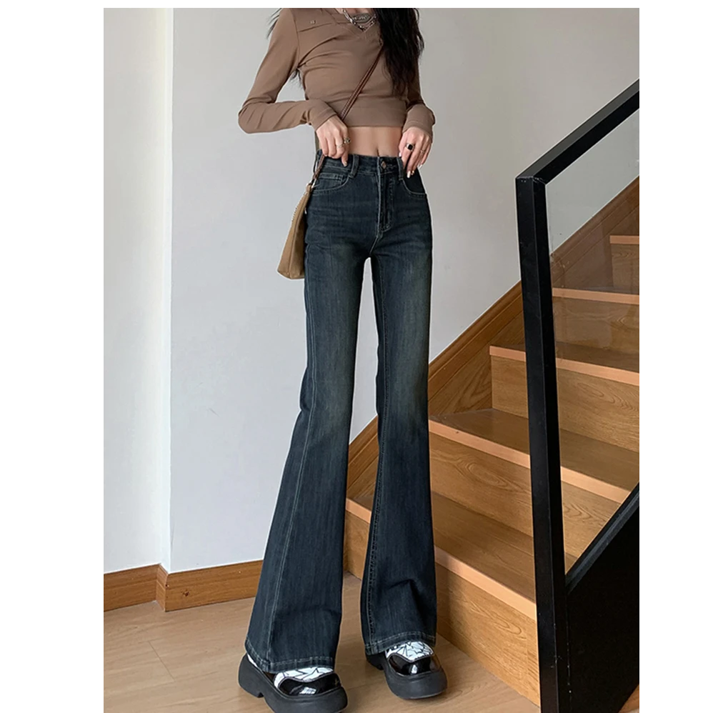 【现货+运费险】高腰微喇叭牛仔裤女大码蓝灰色修身显瘦马蹄喇叭裤