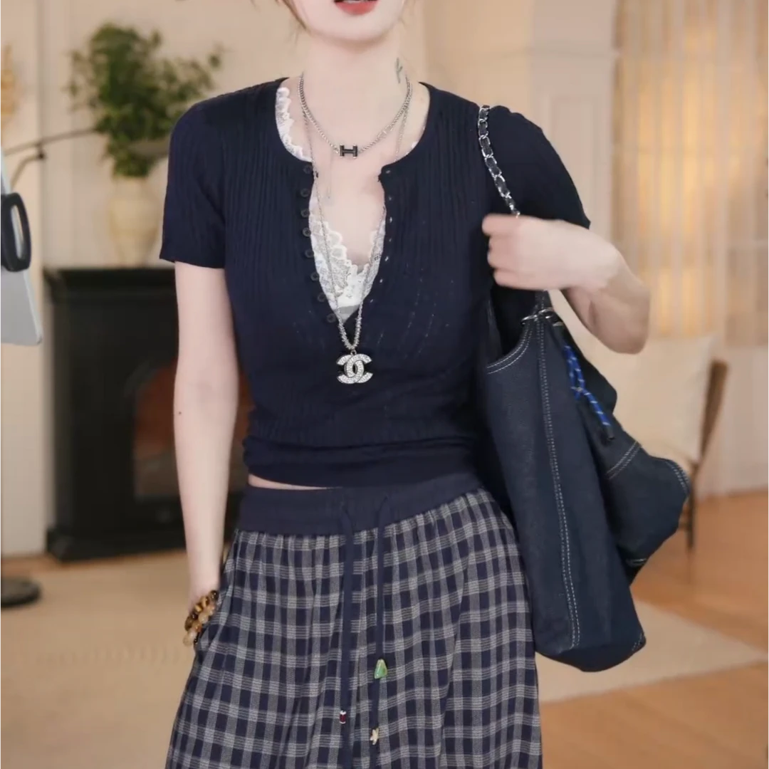 夏季新款气质假两件蕾丝拼接短袖针织衫显瘦修身上衣LK2504521