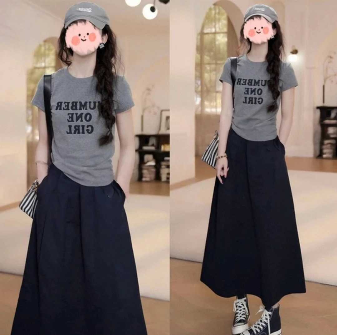 2025夏季字母印花短袖T恤上衣显瘦百搭半身裙休闲套装洋气衣服女