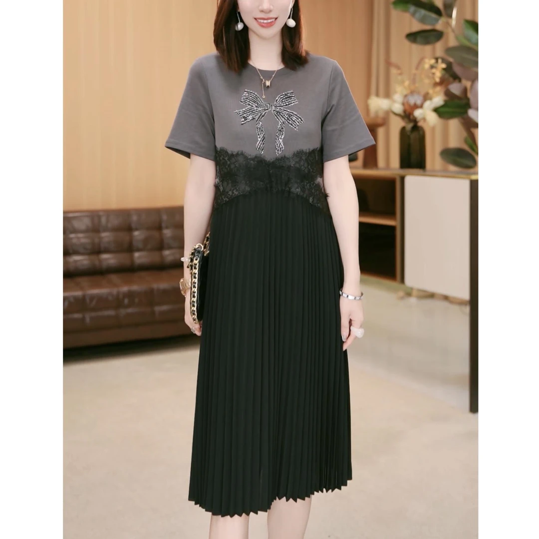 9358大码胖mm宽松显瘦裙子女夏季新款时尚减龄气质蕾丝短袖连衣裙