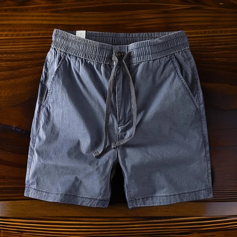夏季男士纯棉工装短裤美式速干四分松紧腰带做旧复古中腰三分裤男