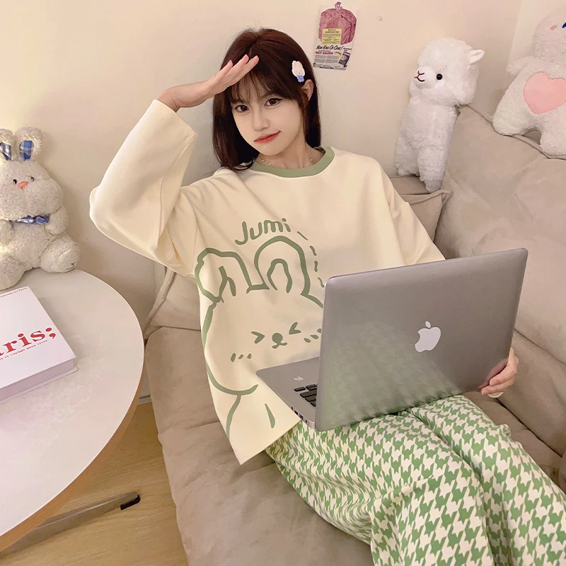 睡衣女春秋季长袖宽松可外穿韩版可爱卡通学生家居服两件套ins风