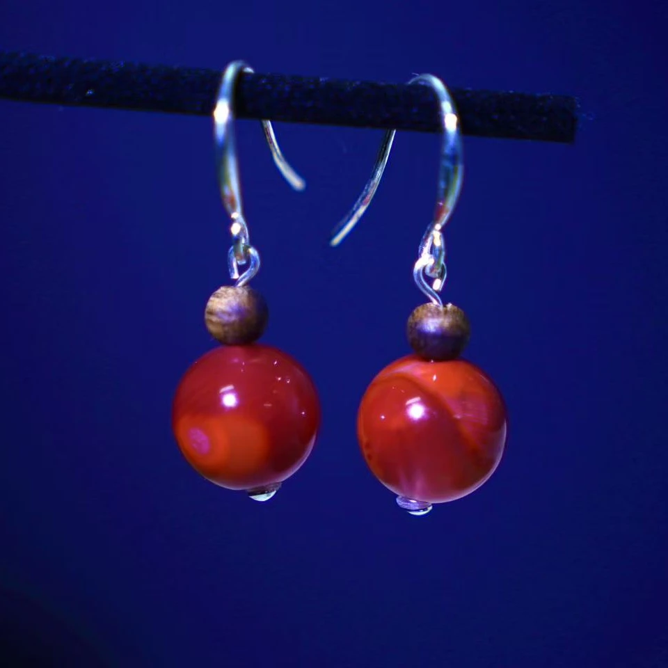 柿子红了|s925银南红耳饰南红耳坠沉香点缀圆珠