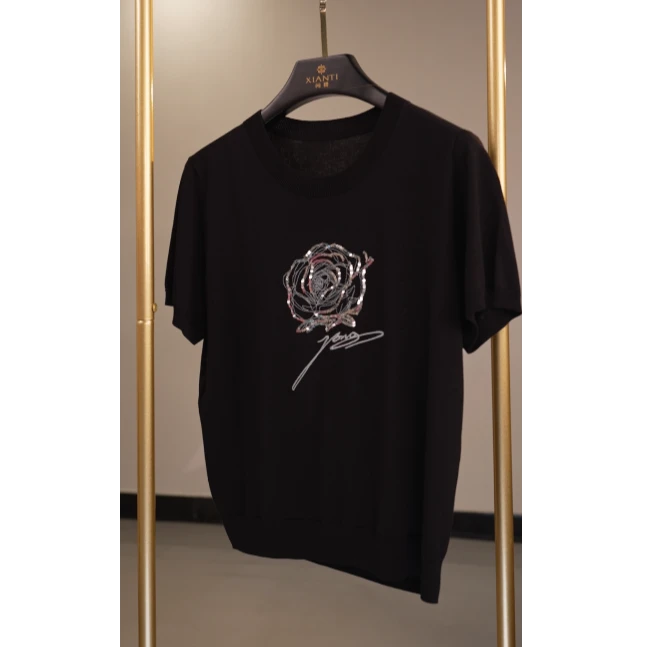 【轻奢-超美】时尚气质刺绣玫瑰圆领短袖针织上衣女-2502078