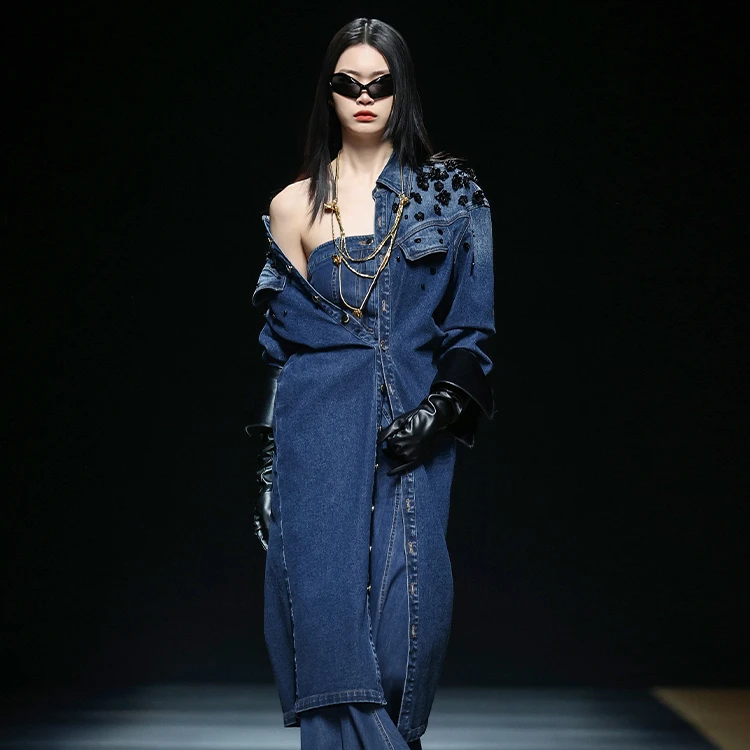 MAGGIE MA马婧流行时尚潮牌女装春秋蓝色休闲宽松牛仔裙子女298D