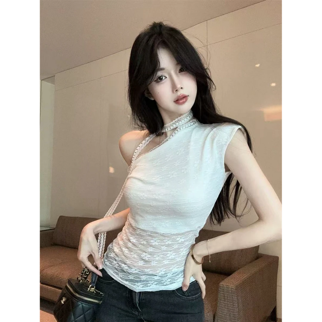 纯欲辣妹2025夏季性感斜肩提花蕾丝修身显瘦皱褶系带露肩T恤上衣