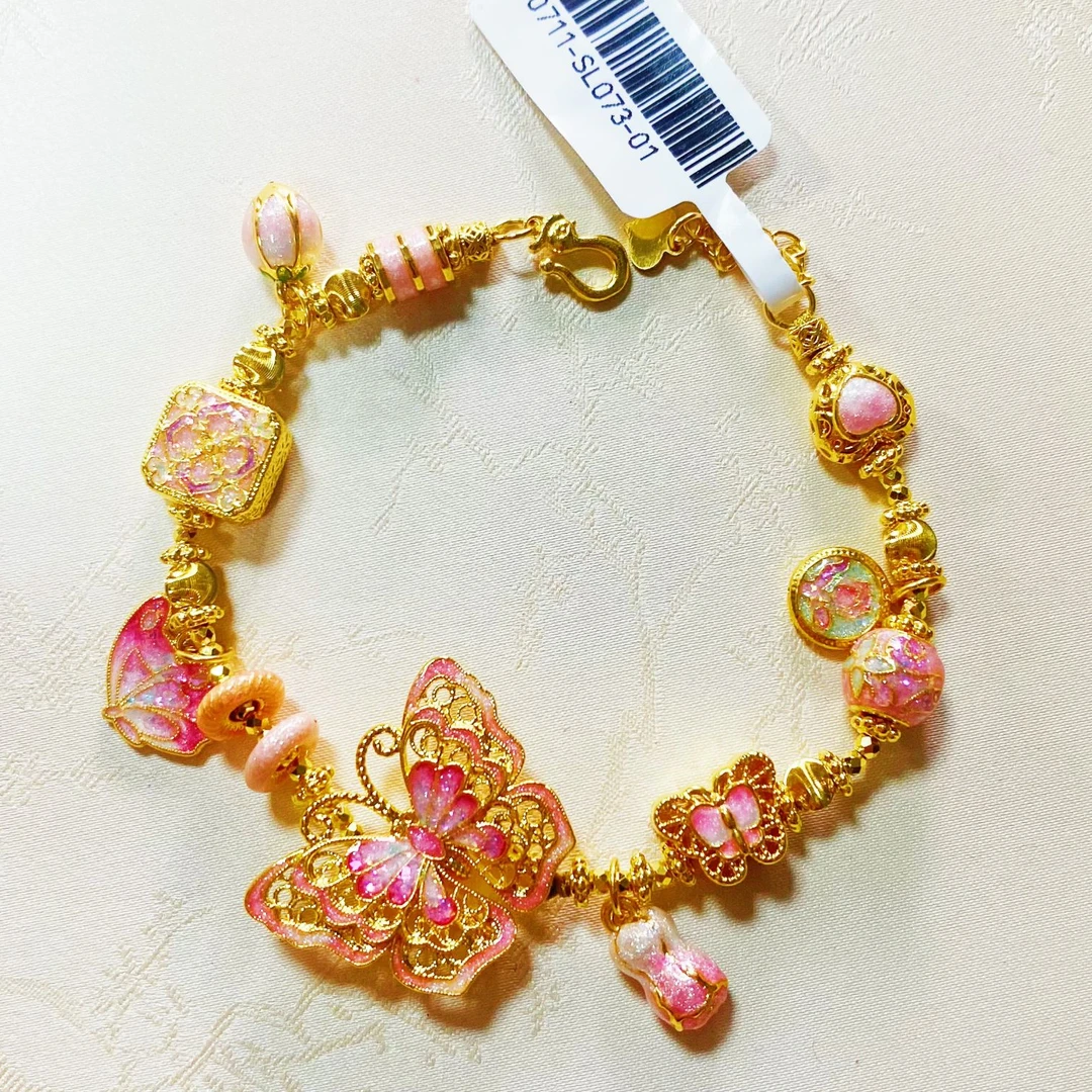 【温蒂专属】足金999高温烧蓝粉蝴蝶甜甜圈爱心手链 SL073