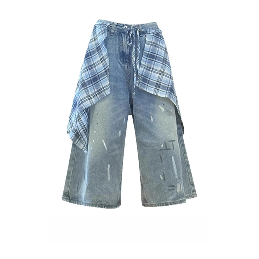 大码美式屁帘叠穿牛仔七分裤女夏季新款宽松直筒阔腿中裤短裤子潮