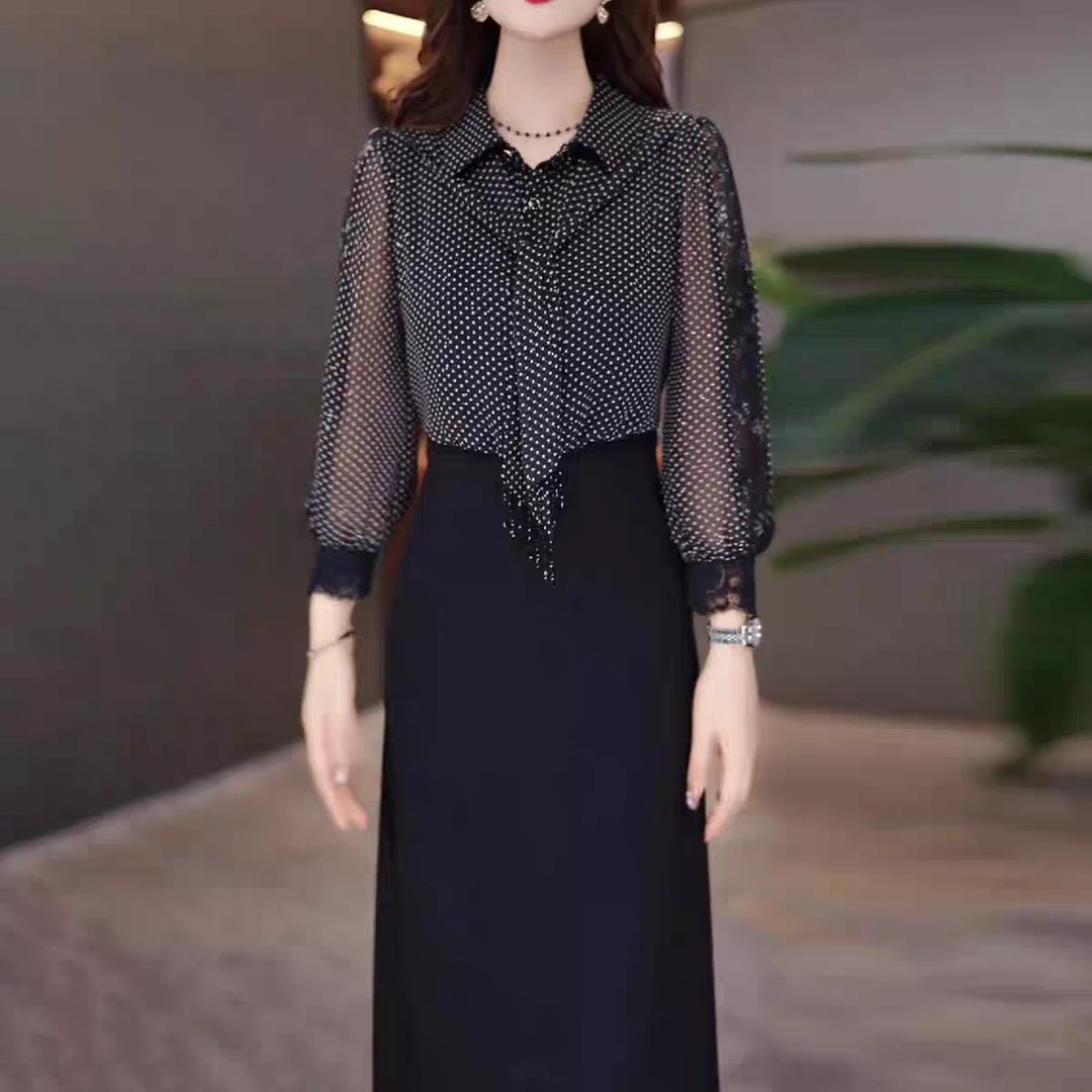 优雅时尚水晶琉璃丝假两件遮肉裙子2025秋中长款遮肚子显瘦连衣裙