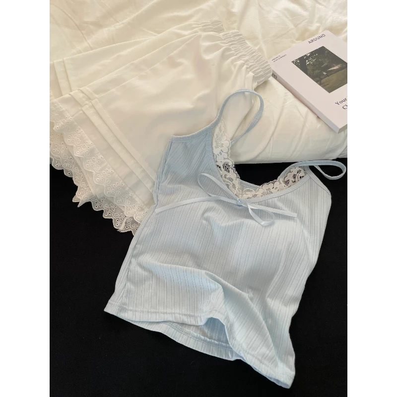 蕾丝花边纯欲风睡衣女2025年夏季新款带胸垫吊带短裤家居服套装女