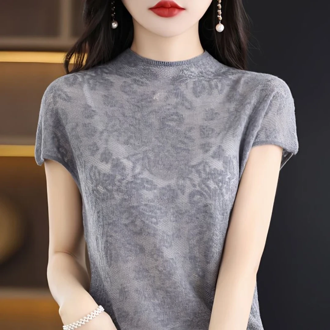 【银色小花天丝莱赛尔短袖】夏款薄款休闲圆领提花莱赛尔针织短袖