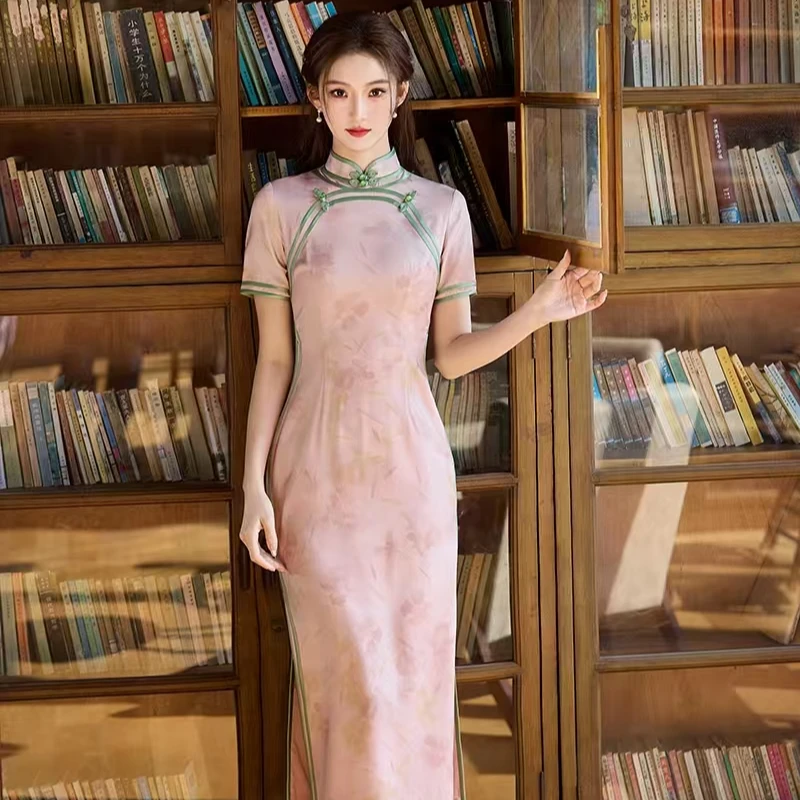 【风清余】春夏新款新中式改良版抓绉华尔缎气质夏季双层修身旗袍