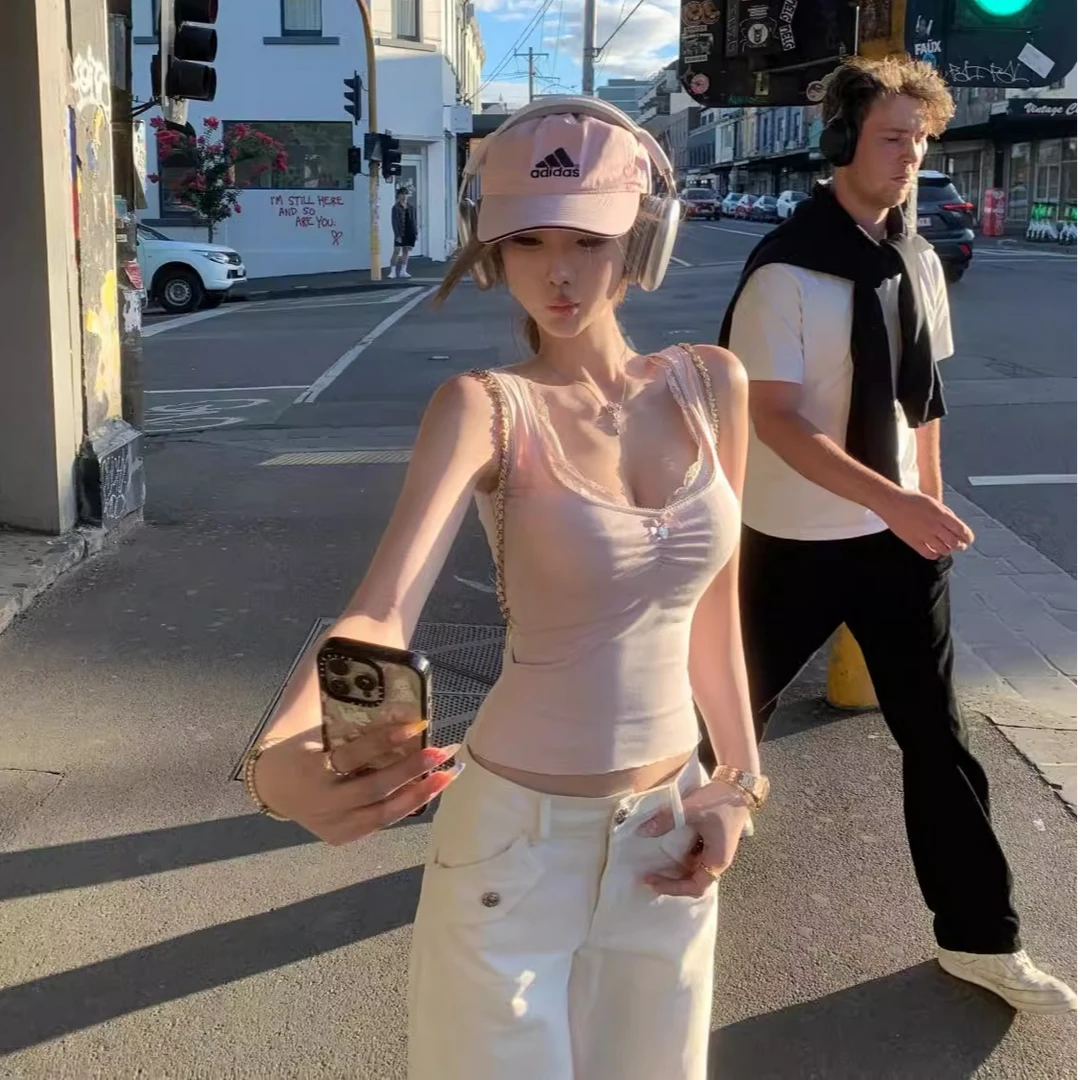 纯欲风蕾丝花边方领吊带背心女夏季内搭外穿修身显瘦无袖打底上衣