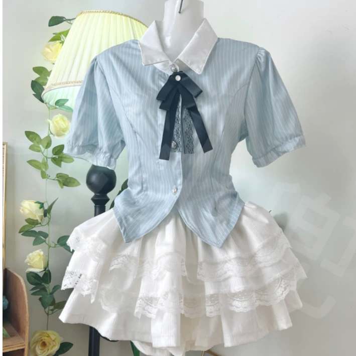 【兜小兜原创】蓝礼服甜妹蕾丝边假两件修身显瘦衬衣蕾丝蓬裙Lolita
