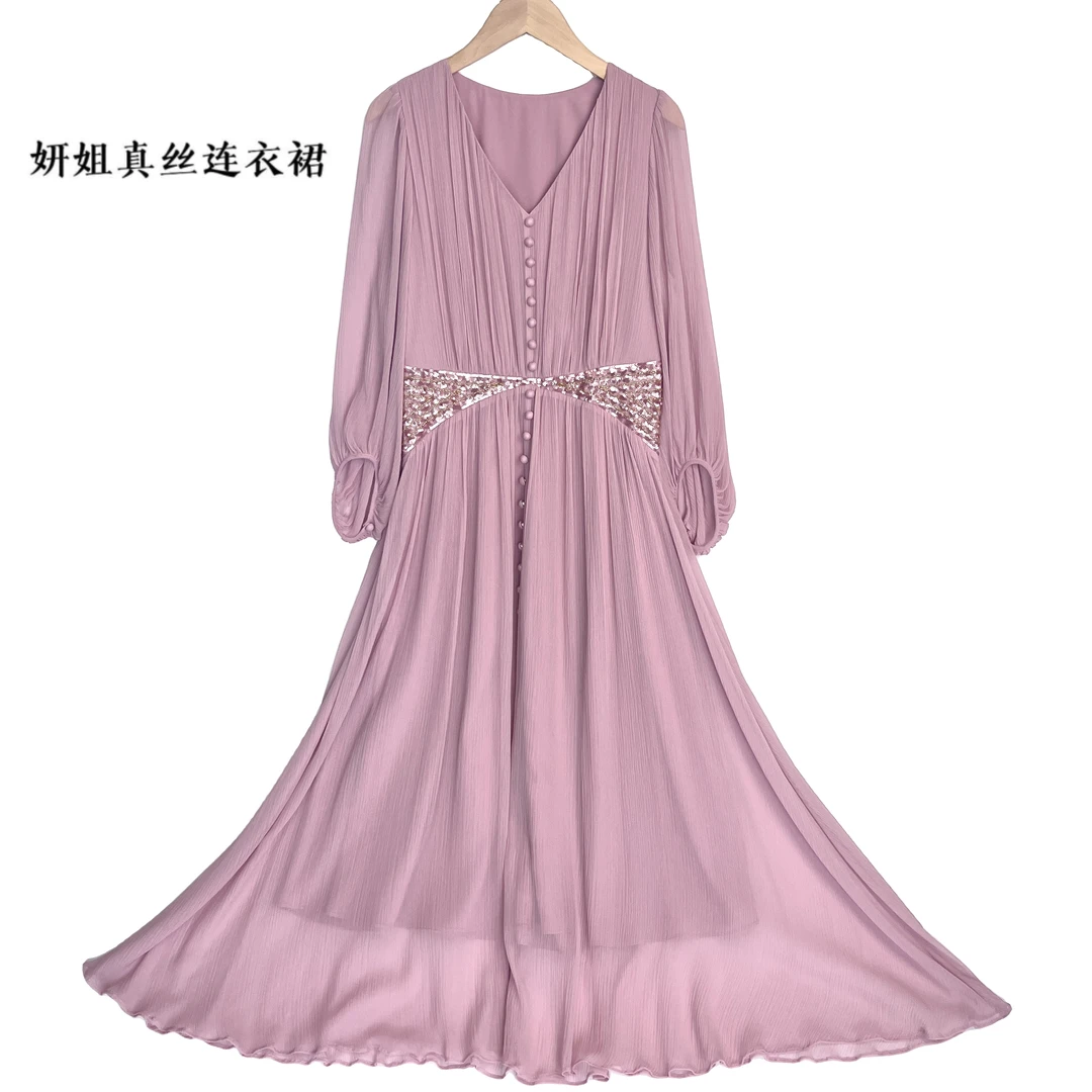 【新年特惠】2025妍姐桑蚕丝女装连衣裙新款轻奢真丝玫瑰灰 23197