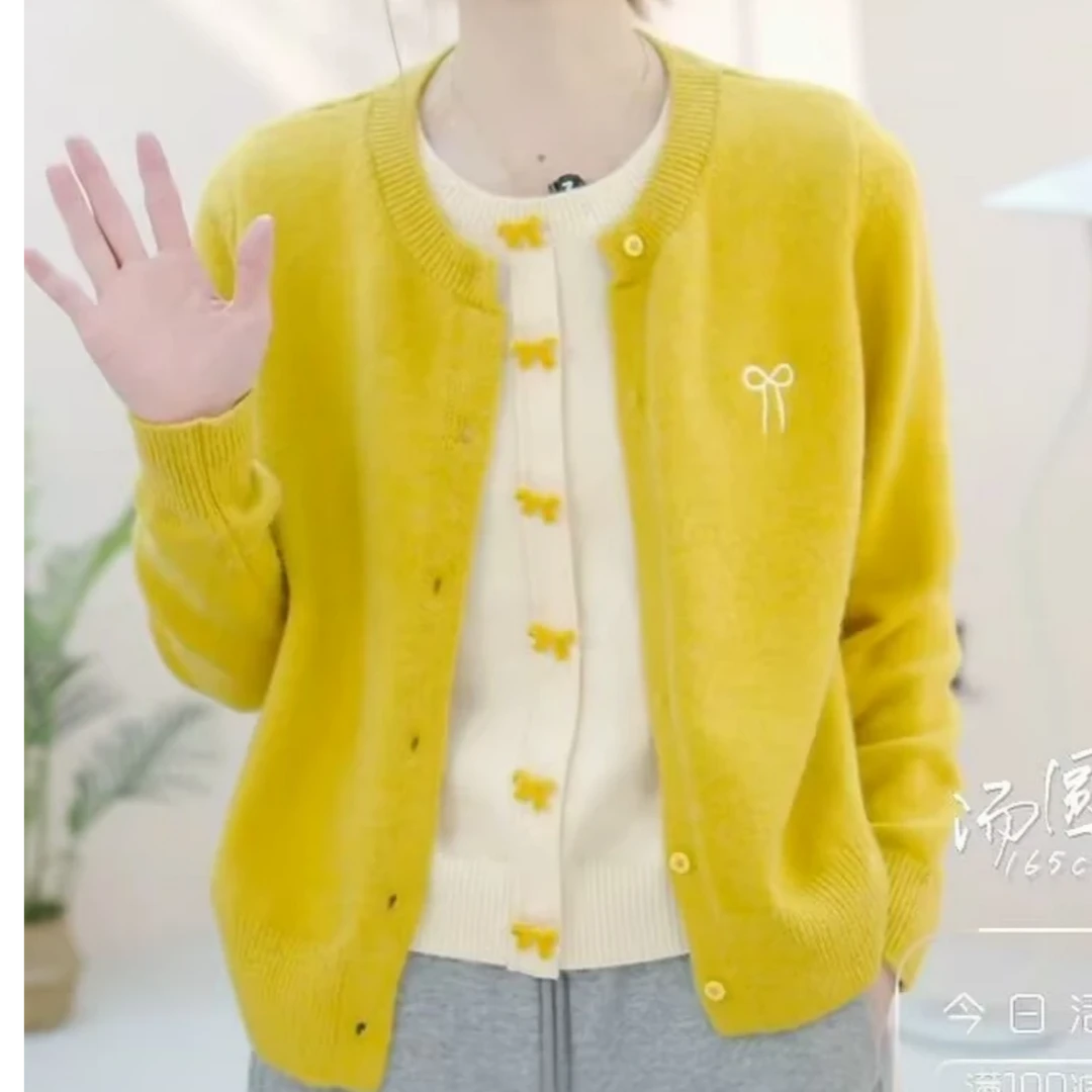 2025春季韩版假两件撞色蝴蝶结长袖针织短款时尚休闲百搭毛衣上衣