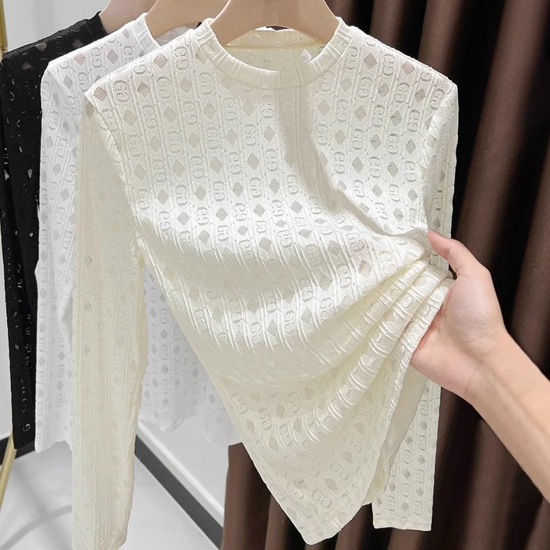 小圆领网纱长袖上衣高级感镂空显瘦蕾丝打底衫女春季气质内搭T恤