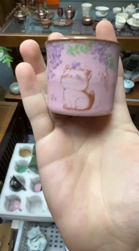 摆件陶茶具茶具茶具紫藤花猫咪竹节杯