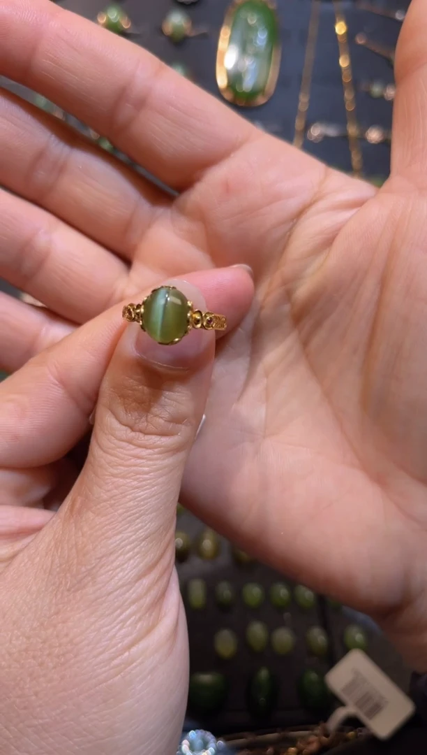 【闪购商品】和田玉碧玉猫眼戒指18K金镶嵌多样性发一