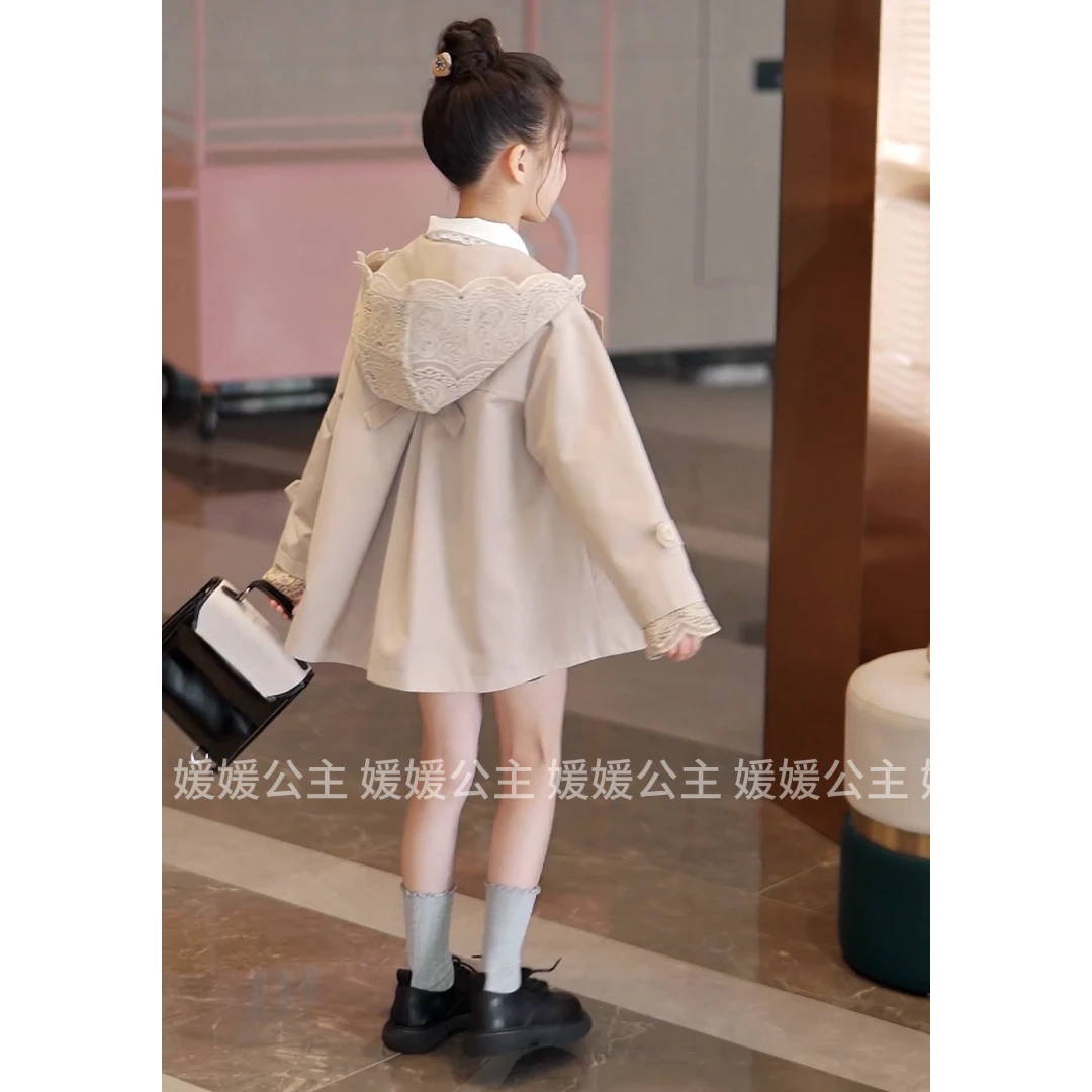 媛媛公主【现货】2025秋新品女童时尚中长款连帽风衣外套15309T145