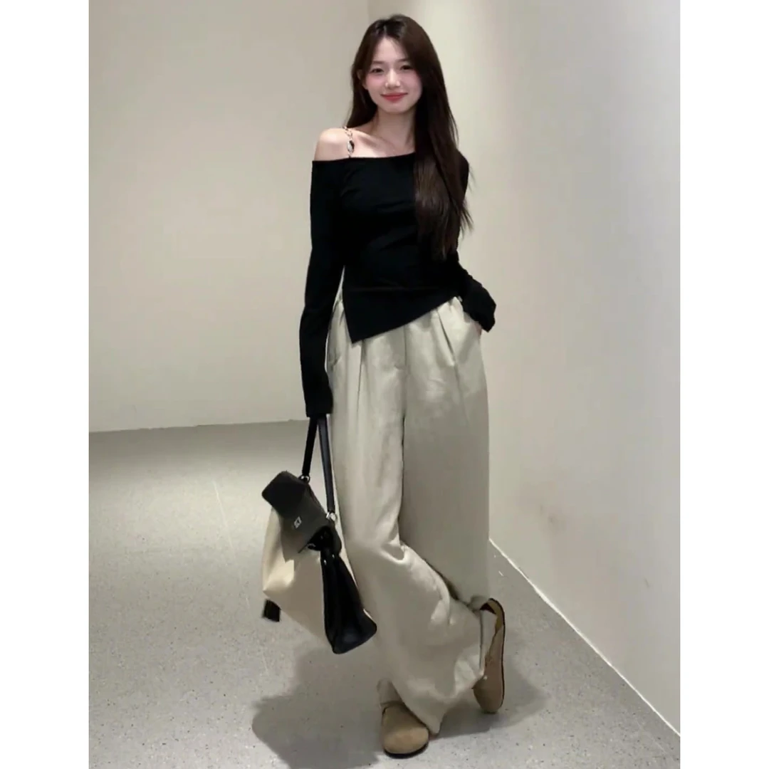 2025新款辣妹露肩上衣阔腿裤韩版时尚气质纯欲高级感两件套装女